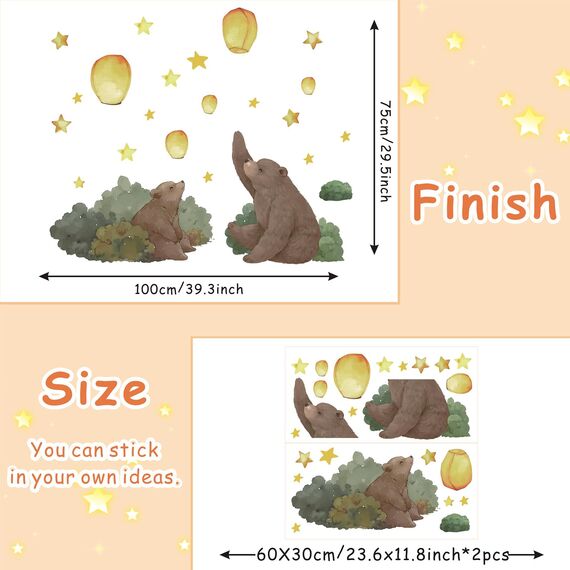 TOARTI Bär Wandtattoo,Lichtfarbe Babyzimmer Wandsticker Tiere Wandaufkleber Kinderzimmer DIY Nacht Himmel Wandaufkleber für Junge Mädchen Schlafzimmer Wanddeko