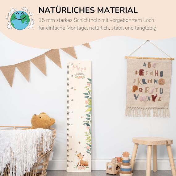 Kidsmood - Personalisierte Messlatte Kinder aus Holz – Hochwertige Messleiste & Wand-Deko für Baby- & Kinderzimmer mit abenteuerlichem Fuchs – Tolles Taufgeschenk für Mädchen & Jungen - Skala 65-140cm