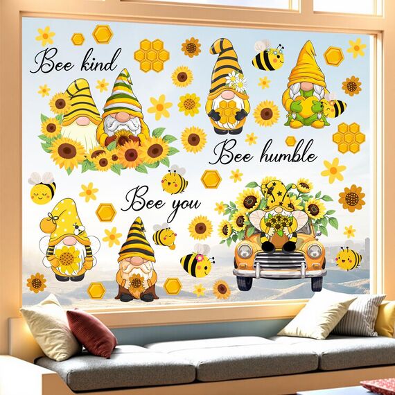 TOARTI Wandtattoos Gelb Bienen Fenster Dekoration Blumen,Biene Gnom Aufkleber,Fensterbilder Frühling Blumen,Fensteraufkleber Biene für Kinderzimmer Wohnzimmer