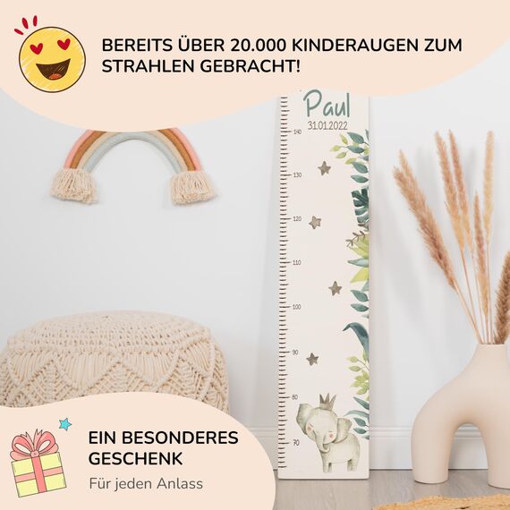 Kidsmood - Personalisierte Messlatte Kinder Holz – Hochwertige Messleiste & Wand-Deko für Baby- & Kinderzimmer mit abenteuerlichem Elefant – Tolles Taufgeschenk für Mädchen & Jungen (65-140cm)