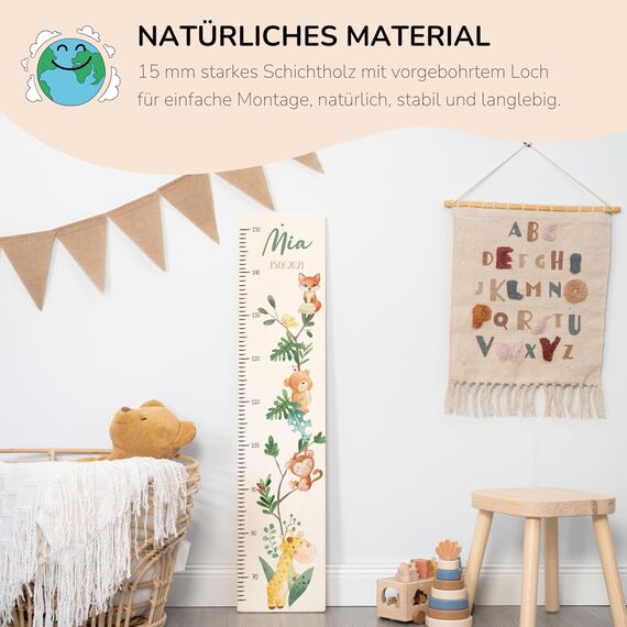Kidsmood - Personalisierte Messlatte Kinder Holz – Messleiste & Wand-Deko für Baby- & Kinderzimmer mit abenteuerlichem Dschungel Tiere – Tolles Taufgeschenk für Mädchen & Jungen -(65-140cm)