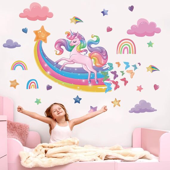 TOARTI Wandtattoo Einhorn Groß,Regenbogen Wandaufkleber für Mädchen Babyzimmer,Rosa Herze Deko,Sterne Schmetterling Wandsticker Wolken,Einhorn Blumen Wanddeko für Kinderzimmer Schlafzimmer Wohnzimmer
