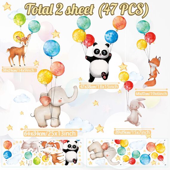 TOARTI 47 Stück Wandaufkleber Kinderzimmer Tiere, Aquarell Wandsticker Babyzimmer, Ballon Tier Wanddeko, DIY Fuchs Hase Deko für Junge Mädchen Schlafzimmer