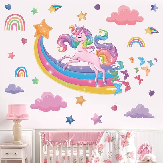 TOARTI Wandtattoo Einhorn Groß,Regenbogen Wandaufkleber für Mädchen Babyzimmer,Rosa Herze Deko,Sterne Schmetterling Wandsticker Wolken,Einhorn Blumen Wanddeko für Kinderzimmer Schlafzimmer Wohnzimmer