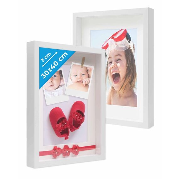 PHOTOLINI 3D Bilderrahmen zum Befüllen 30x40 Weiß groß, 3 cm tiefer Objektrahmen mit Glas, 2X tiefer Bilderrahmen 30x40 Holz MDF mit Passepartout, Dicker 3D Rahmen befüllbar für Gegenstände