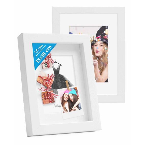 PHOTOLINI 3D Bilderrahmen zum Befüllen 13x18 Weiß, 1,5 cm tiefer Objektrahmen mit Glas, 2X tiefer Bilderrahmen 13x18 Holz MDF mit Passepartout, Dicker 3D Rahmen befüllbar für Gegenstände Geschenk