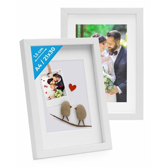 PHOTOLINI 3D Bilderrahmen zum Befüllen 21x30 A4 Weiß, 1,5 cm tiefer Objektrahmen mit Glas, 2X tiefer Bilderrahmen A4 21x30 Holz MDF mit Passepartout, Dicker 3D Rahmen befüllbar für Gegenstände