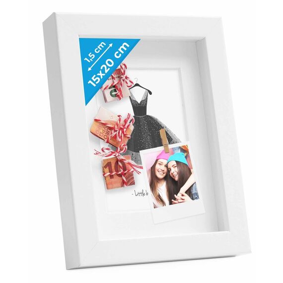 PHOTOLINI 3D Bilderrahmen zum Befüllen 15x20 Weiß, 1,5 cm tiefer Objektrahmen mit Glas, tiefer Bilderrahmen 15x20 Holz MDF mit Passepartout, Dicker 3D Rahmen befüllbar für Gegenstände Geschenk