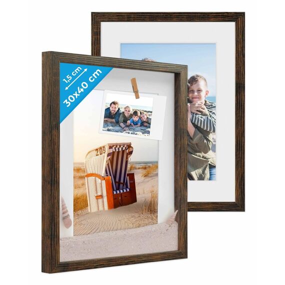 PHOTOLINI 3D Bilderrahmen zum Befüllen 30x40 Eiche dunkel groß, 1,5 cm tiefer Objektrahmen mit Glas, 2X tiefer Bilderrahmen 30x40 Holz MDF mit Passepartout, Dicker 3D Rahmen befüllbar für Gegenstände