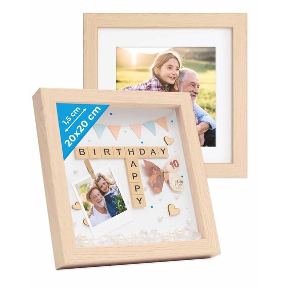 PHOTOLINI 3D Bilderrahmen zum Befüllen 20x20 Natur, 1,5 cm tiefer Objektrahmen mit Glas, 2x tiefer Bilderrahmen 20x20 Holz MDF mit Passepartout, dicker 3D Rahmen befüllbar für Gegenstände Geschenk