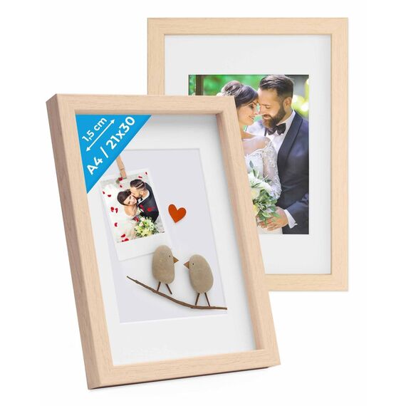 PHOTOLINI 3D Bilderrahmen zum Befüllen 21x30 A4 Natur, 1,5 cm tiefer Objektrahmen mit Glas, 2X tiefer Bilderrahmen A4 21x30 Holz MDF mit Passepartout, Dicker 3D Rahmen befüllbar für Gegenstände