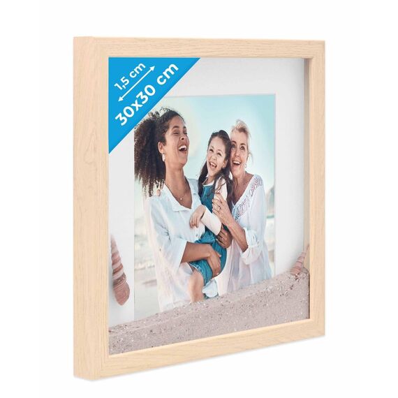 PHOTOLINI 3D Bilderrahmen zum Befüllen 30x30 Natur groß, 1,5 cm tiefer Objektrahmen mit Glas, tiefer Bilderrahmen 30x30 Holz MDF mit Passepartout, Dicker 3D Rahmen befüllbar für Gegenstände Geschenk