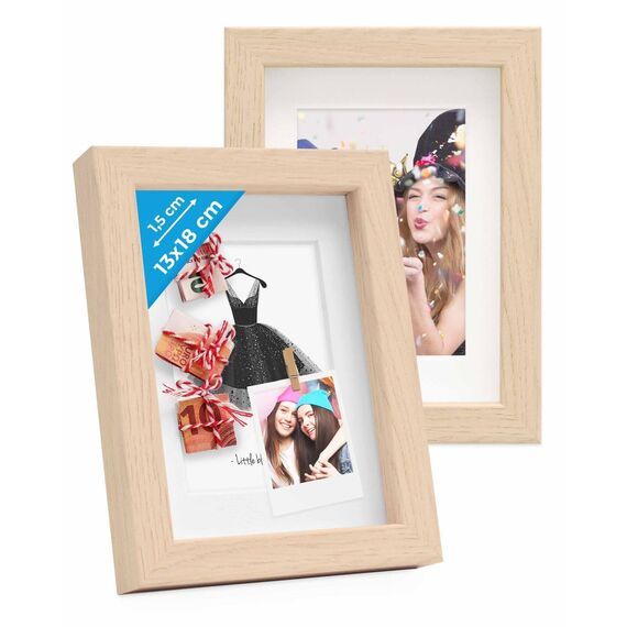 PHOTOLINI 3D Bilderrahmen zum Befüllen 13x18 Natur, 1,5 cm tiefer Objektrahmen mit Glas, 2X tiefer Bilderrahmen 13x18 Holz MDF mit Passepartout, Dicker 3D Rahmen befüllbar für Gegenstände Geschenk