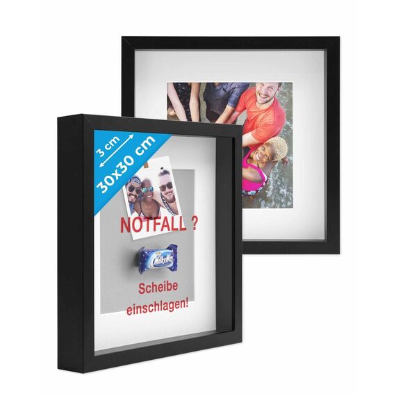 PHOTOLINI 3D Bilderrahmen zum Befüllen 30x30 Schwarz groß, 3 cm tiefer Objektrahmen mit Glas, 2X tiefer Bilderrahmen 30x30 Holz MDF mit Passepartout, Dicker 3D Rahmen befüllbar für Gegenstände