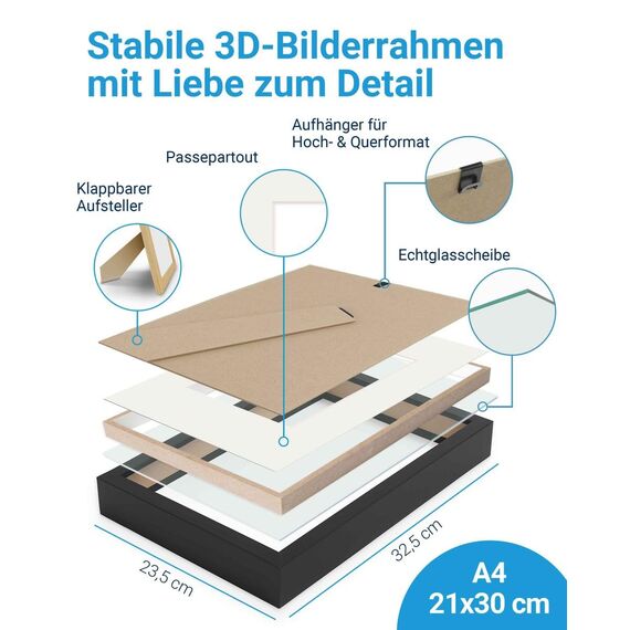 PHOTOLINI 3D Bilderrahmen zum Befüllen 21x30 A4 Schwarz, 3 cm tiefer Objektrahmen mit Glas, 2X tiefer Bilderrahmen A4 21x30 Holz MDF mit Passepartout, Dicker 3D Rahmen befüllbar für Gegenstände