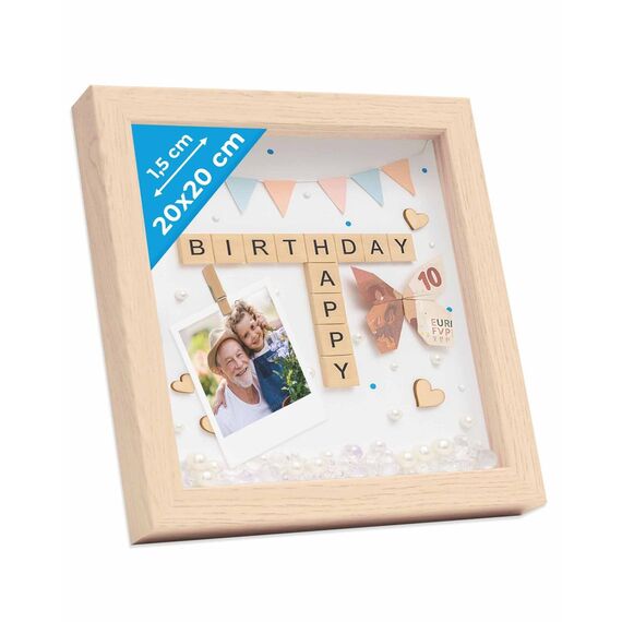 PHOTOLINI 3D Bilderrahmen zum Befüllen 20x20 Natur, 1,5 cm tiefer Objektrahmen mit Glas, tiefer Bilderrahmen 20x20 Holz MDF mit Passepartout, dicker 3D Rahmen befüllbar für Gegenstände Geschenk