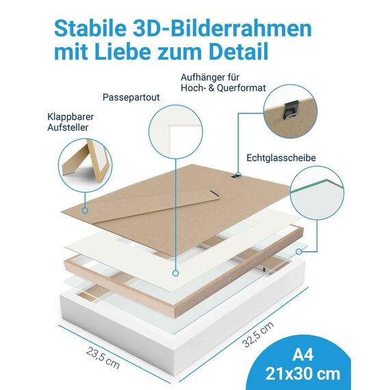 PHOTOLINI 3D Bilderrahmen zum Befüllen 21x30 A4 Weiß, 3 cm tiefer Objektrahmen mit Glas, 2X tiefer Bilderrahmen A4 21x30 Holz MDF mit Passepartout, Dicker 3D Rahmen befüllbar für Gegenstände