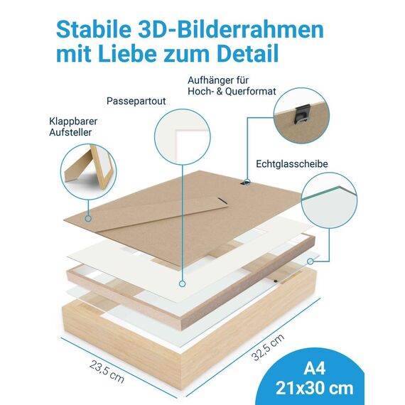 PHOTOLINI 3D Bilderrahmen zum Befüllen 21x30 A4 Natur, 1,5 cm tiefer Objektrahmen mit Glas, 2X tiefer Bilderrahmen A4 21x30 Holz MDF mit Passepartout, Dicker 3D Rahmen befüllbar für Gegenstände