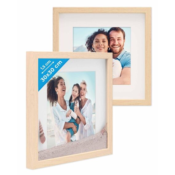 PHOTOLINI 3D Bilderrahmen zum Befüllen 30x30 Natur groß, 1,5 cm tiefer Objektrahmen mit Glas, 2x tiefer Bilderrahmen 30x30 Holz MDF mit Passepartout, dicker 3D Rahmen befüllbar für Gegenstände