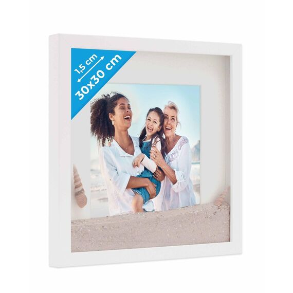 PHOTOLINI 3D Bilderrahmen zum Befüllen 30x30 Weiß groß, 1,5 cm tiefer Objektrahmen mit Glas, tiefer Bilderrahmen 30x30 Holz MDF mit Passepartout, Dicker 3D Rahmen befüllbar für Gegenstände Geschenk
