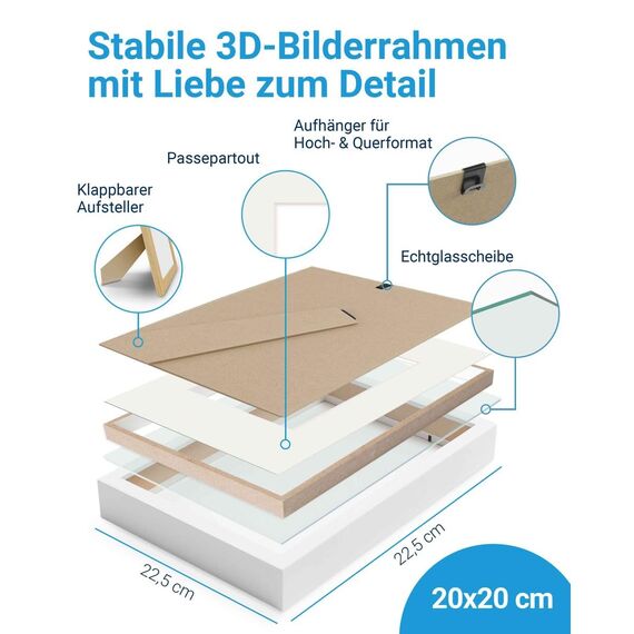 PHOTOLINI 3D Bilderrahmen zum Befüllen 20x20 Weiß, 1,5 cm tiefer Objektrahmen mit Glas, tiefer Bilderrahmen 20x20 Holz MDF mit Passepartout, dicker 3D Rahmen befüllbar für Gegenstände Geschenk