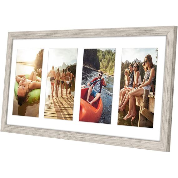 Americanflat Bilderrahmen Collage 10x15 cm Treibholz - Bilderrahmen 20x51 cm mit Passepartout für vier 10x15 cm Fotos - Fotorahmen für Mehrere Bilder der Familie - Verbundholz mit Bruchsicherem Glas