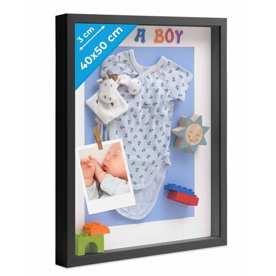 PHOTOLINI 3D Bilderrahmen zum Befüllen 40x50 Schwarz groß, 3 cm tiefer Objektrahmen mit Glas, tiefer Bilderrahmen 40x50 Holz MDF mit Passepartout, Dicker 3D Rahmen befüllbar für Gegenstände Geschenk