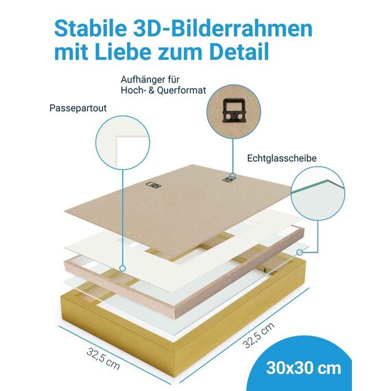 PHOTOLINI 3D Bilderrahmen zum Befüllen 30x30 Gold groß, 1,5 cm tiefer Objektrahmen mit Glas, 2X tiefer Bilderrahmen 30x30 Holz MDF mit Passepartout, Dicker 3D Rahmen befüllbar für Gegenstände