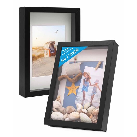 PHOTOLINI 3D Bilderrahmen zum Befüllen 21x30 A4 Schwarz, 3 cm tiefer Objektrahmen mit Glas, 2X tiefer Bilderrahmen A4 21x30 Holz MDF mit Passepartout, Dicker 3D Rahmen befüllbar für Gegenstände