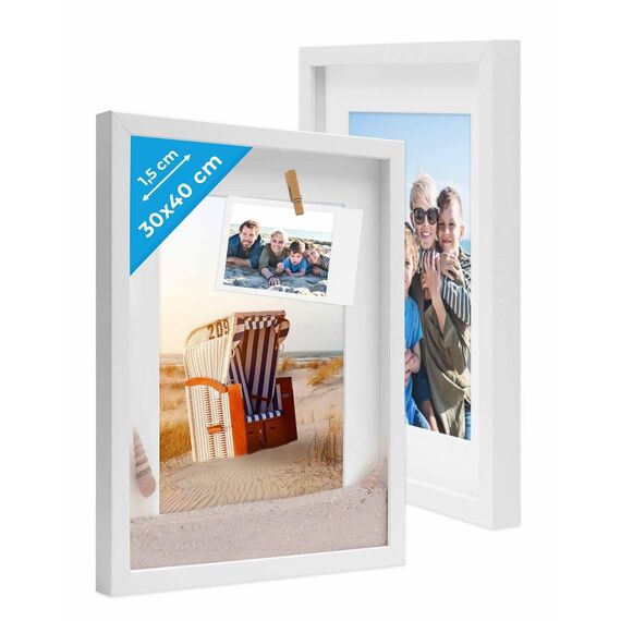PHOTOLINI 3D Bilderrahmen zum Befüllen 30x40 Weiß groß, 1,5 cm tiefer Objektrahmen mit Glas, 2X tiefer Bilderrahmen 30x40 Holz MDF mit Passepartout, Dicker 3D Rahmen befüllbar für Gegenstände