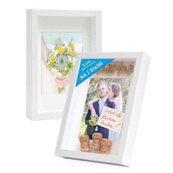 PHOTOLINI 3D Bilderrahmen zum Befüllen 21x30 A4 Weiß, 3 cm tiefer Objektrahmen mit Glas, 2X tiefer Bilderrahmen A4 21x30 Holz MDF mit Passepartout, Dicker 3D Rahmen befüllbar für Gegenstände