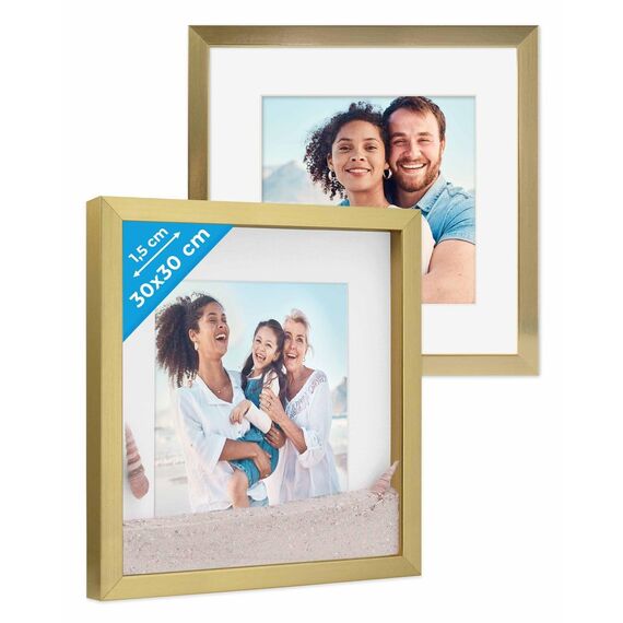 PHOTOLINI 3D Bilderrahmen zum Befüllen 30x30 Gold groß, 1,5 cm tiefer Objektrahmen mit Glas, 2X tiefer Bilderrahmen 30x30 Holz MDF mit Passepartout, Dicker 3D Rahmen befüllbar für Gegenstände