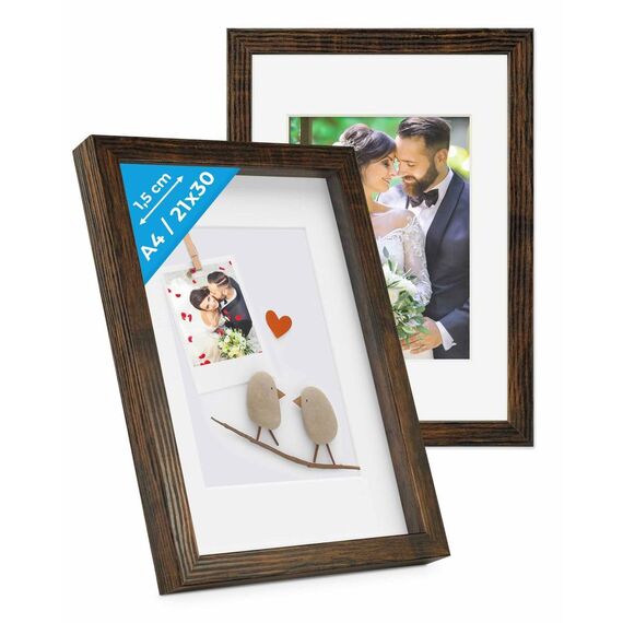 PHOTOLINI 3D Bilderrahmen zum Befüllen 21x30 A4 Eiche dunkel, 1,5 cm tiefer Objektrahmen mit Glas, 2x tiefer Bilderrahmen A4 21x30 Holz MDF mit Passepartout, dicker 3D Rahmen befüllbar für Gegenstände