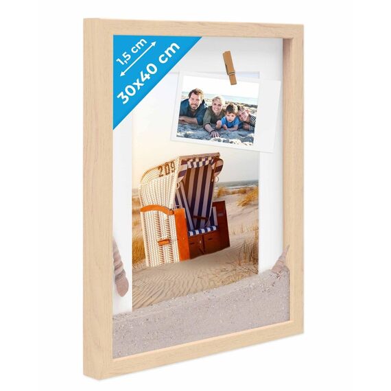 PHOTOLINI 3D Bilderrahmen zum Befüllen 30x40 Natur groß, 1,5 cm tiefer Objektrahmen mit Glas, tiefer Bilderrahmen 30x40 Holz MDF mit Passepartout, Dicker 3D Rahmen befüllbar für Gegenstände Geschenk
