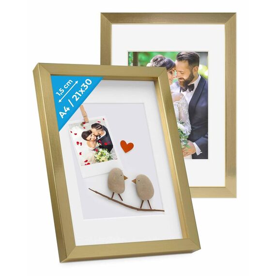 PHOTOLINI 3D Bilderrahmen zum Befüllen 21x30 A4 Gold, 1,5 cm tiefer Objektrahmen mit Glas, 2X tiefer Bilderrahmen A4 21x30 Holz MDF mit Passepartout, Dicker 3D Rahmen befüllbar für Gegenstände