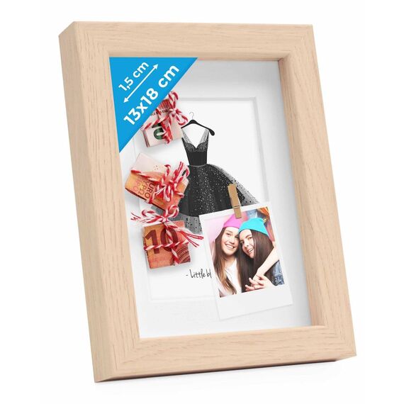 PHOTOLINI 3D Bilderrahmen zum Befüllen 13x18 Natur, 1,5 cm tiefer Objektrahmen mit Glas, tiefer Bilderrahmen 13x18 Holz MDF mit Passepartout, Dicker 3D Rahmen befüllbar für Gegenstände Geschenk