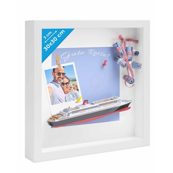 PHOTOLINI 3D Bilderrahmen zum Befüllen 30x30 Weiß groß, 3 cm tiefer Objektrahmen mit Glas, tiefer Bilderrahmen 30x30 Holz MDF mit Passepartout, Dicker 3D Rahmen befüllbar für Gegenstände Geschenk