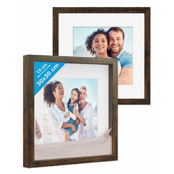 PHOTOLINI 3D Bilderrahmen zum Befüllen 30x30 Eiche dunkel groß, 1,5 cm tiefer Objektrahmen mit Glas, 2X tiefer Bilderrahmen 30x30 Holz MDF mit Passepartout, Dicker 3D Rahmen befüllbar für Gegenstände
