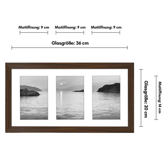 Americanflat Bilderrahmen Collage 10x15 cm Walnuss - Bilderrahmen 20x36 cm mit Passepartout für drei 13x18 cm Fotos - Fotorahmen für Mehrere Bilder der Familie - Verbundholz mit Bruchsicherem Glas