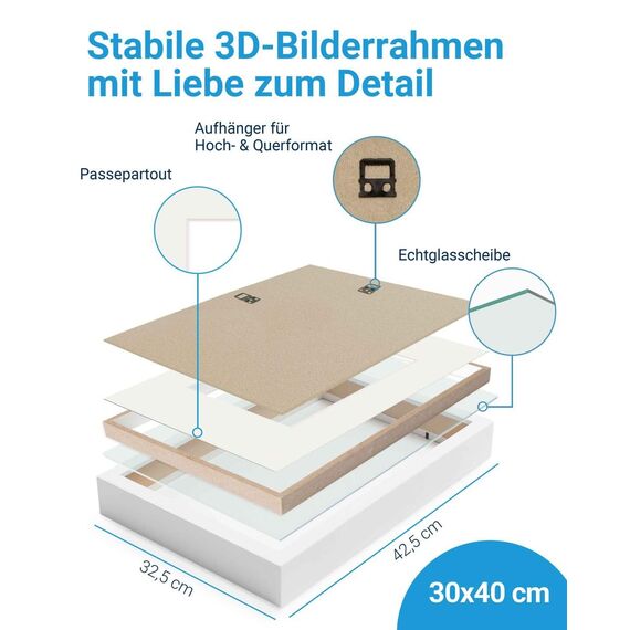 PHOTOLINI 3D Bilderrahmen zum Befüllen 30x40 Weiß groß, 1,5 cm tiefer Objektrahmen mit Glas, tiefer Bilderrahmen 30x40 Holz MDF mit Passepartout, dicker 3D Rahmen befüllbar für Gegenstände Geschenk