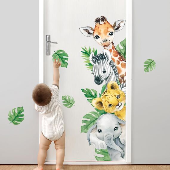 Tanlaby Wandtattoo Tiere Dschungel Kinderzimmer Türaufkleber Safari Tiere Wandsticker Giraffe Elefant Grüne Blätter Wandaufkleber für Kinder Junge Mädchen Babyzimmer Wohnzimmer Schlafzimmer Wanddeko
