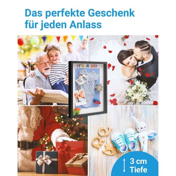 PHOTOLINI 3D Bilderrahmen zum Befüllen 30x30 Weiß groß, 3 cm tiefer Objektrahmen mit Glas, tiefer Bilderrahmen 30x30 Holz MDF mit Passepartout, Dicker 3D Rahmen befüllbar für Gegenstände Geschenk