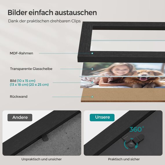 SONGMICS Bilderrahmen 10er Set, 16 Passepartouts, zwei 20 x 25 cm, vier 13 x 18 cm, vier 10 x 15 cm, aufhängen, aufstellen, Glas, 12 spurlose Wandhaken, aschschwarz RPF049B01