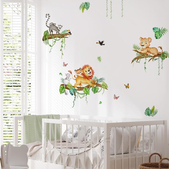 Tanlaby Tier auf Baum Wandsticker Dschungeltier Wandtattoo Löwe Leopard Lemur Wandaufkleber Selbstklebend Abnehmbare Wand Kunst Aufkleber für Kinderzimmer Kinderzimmer Spielzimmer Wanddekoration