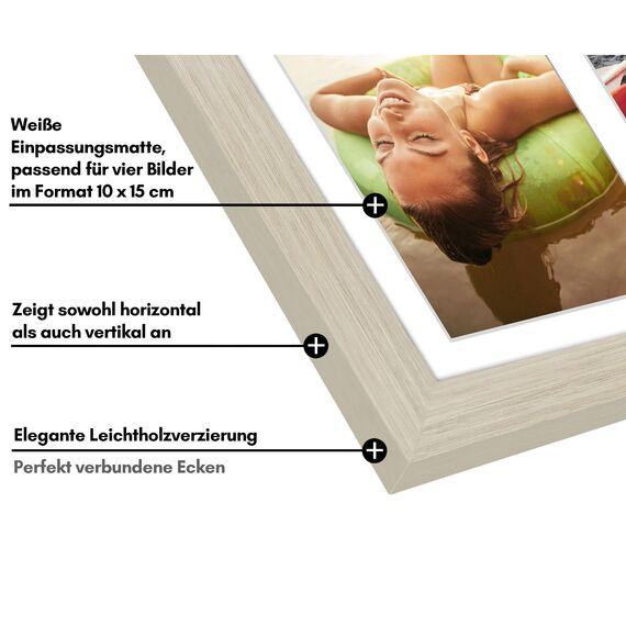 Americanflat Bilderrahmen Collage 10x15 cm Helles Holz - Bilderrahmen 20x51 cm mit Passepartout für vier 10x15 cm Fotos - Fotorahmen für Mehrere Bilder der Familie - Verbundholz mit Bruchsicherem Glas