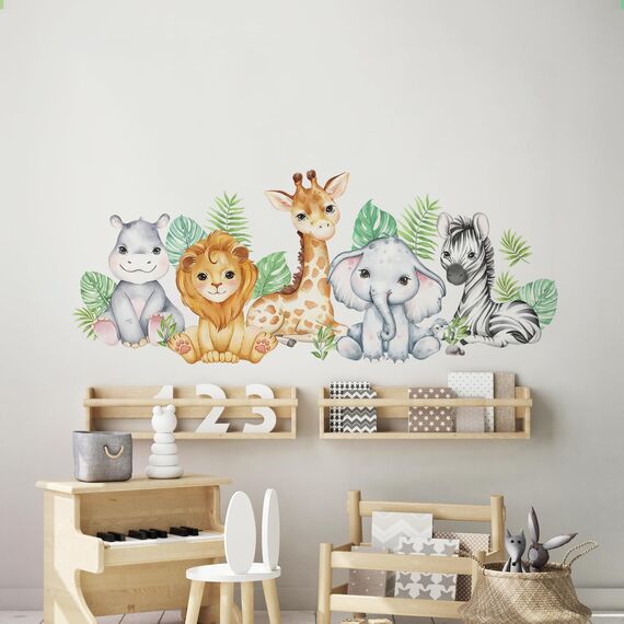 Tanlaby Dschungel Tier Wandsticker Waldtiere Wandtattoo Nilpferd Löwe Giraffe Elefant Zebra Wandaufkleber Selbstklebend Abnehmbare Wandkunst Aufkleber für Kinderzimmer Spielzimmer Wanddekoration
