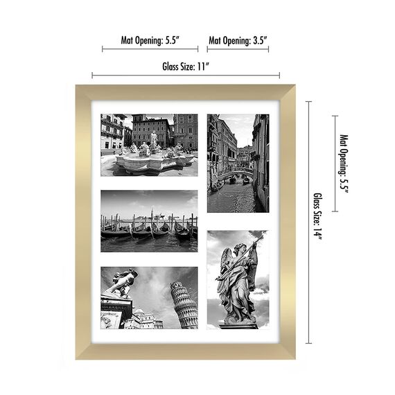 Americanflat Bilderrahmen Collage 10x15 cm Gold - Bilderrahmen 28x36 cm mit Passepartout für Fünf 10x15 cm Fotos - Fotorahmen für Mehrere Bilder der Familie - Verbundholz mit Bruchsicherem Glas