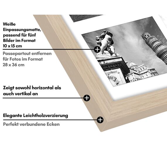 Americanflat Bilderrahmen Collage 10x15 cm Helles Holz - Bilderrahmen 28x36 cm mit Passepartout für Fünf 10x15 cm Fotos - Fotorahmen für Mehrere Bilder der Familie - Verbundholz mit Bruchsicherem Glas