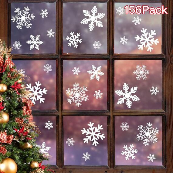 156 Weihnachten Fensterbilder, Schneeflocken Fensterdeko für Fensterscheiben, Wiederverwendbar Statisch Haftend PVC Aufkleber für Fenster Vitrine Türen Schaufenster Winter Schneeflocken Weihnachtsdeko