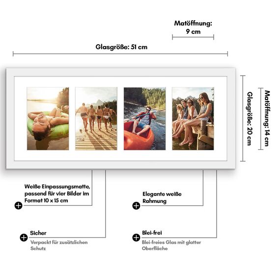 Americanflat Bilderrahmen Collage 10x15 cm Weiß - Bilderrahmen 20x51 cm mit Passepartout für vier 10x15 cm Fotos - Fotorahmen für Mehrere Bilder der Familie - Verbundholz mit Bruchsicherem Glas